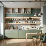کابینت مدرن سبز با شلف و باکس چوبی