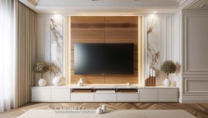 ام دی اف طرح چوب زیبا برای پشت تلویزیون تلفیق با سنگ و کابینت سفید